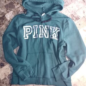 Victorias secret Pink silver foil logo hoodie full zip green XL